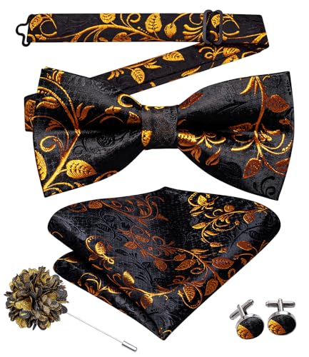 Image of Hi-Tie Pretied Bow Ties for Men Wedding Formal Bow Tie Handkerchief Cufflinks Lapel Pin Set Party Formal Mens Bowtie Set, Black Orange Floral, Medium