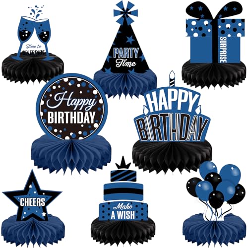 Pajean 8 Pieces Blue and Black Birthday Party Honeycomb Centerpieces Blue Black Table Centerpieces Decorations Table Centerpiece Sign for Kids Adults Party Supplies