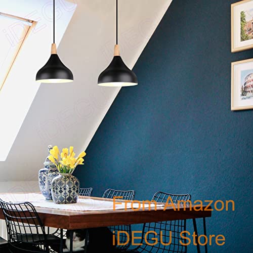 iDEGU Set of 2 Retro Pendant Ceiling Lights Modern Drop Style Hat Lampshade E27 Ceiling Light Retro Light Fixture in Metal Wood Pendant Lamp for Bedroom Dining Room - Image 4