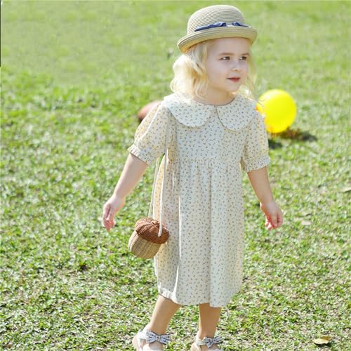 Peter Pan Dress Girls Summer Puff Sleeved Girls Floral Dress Back Wood Buttons Boutique Girls Casual Dress4