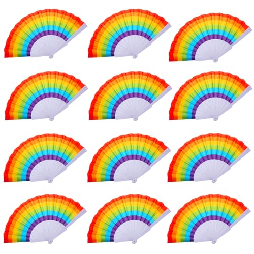 Hananona 12 Pcs Rainbow Folding Fans Colorful Hand Held Fan Rainbow Party Decoration LGBT Pride Month Fans Hand Folding Fans for Women/Men (Rainbow 12)