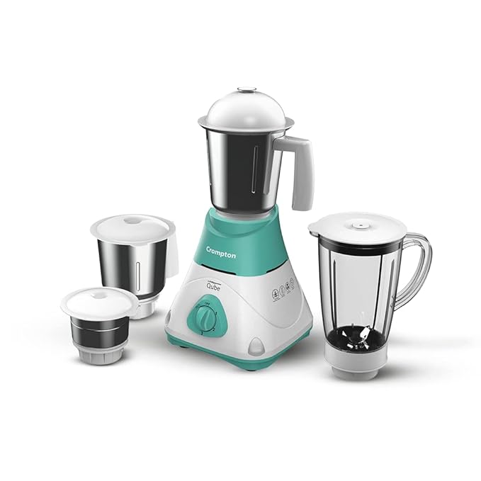 CROMPTON QUBE 3J 750W POWERTRON MOTOR MIXER GRINDER MOTOR VENT-X TECHNOLOGY (4 STAINLESS STEEL JARS, SEAGREEN & WHITE)