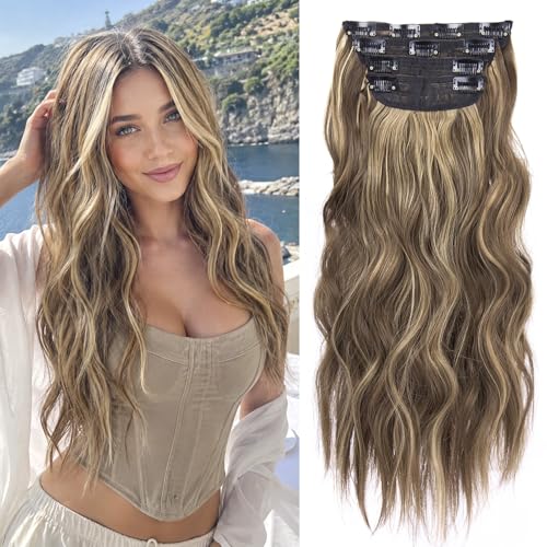 4PCS Clip in Hair Extensions Honey Blonde Mixed Light Brown 20 Inch Long Wavy Synthetic Hair...