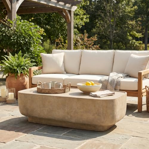 Christopher Knight Home June Modern Outdoor Coffee Table, Rectangular MGO Patio Center Table, Low Profile End Table with Wide Flat Top, Rustic Textured Stone Accent Table for Garden Balcony, Beige