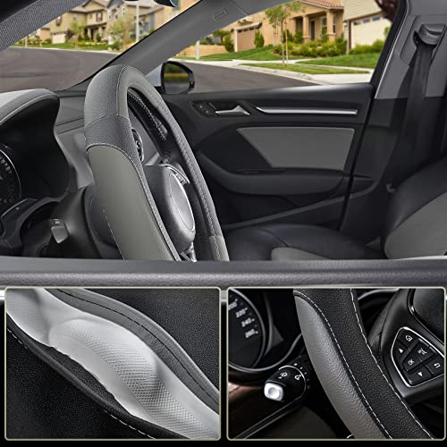 SEG Direct Car Steering Wheel Cover for Prius Civic Model 3 Model Y Camaro, Small Size 14-14.25 inch, Black and Gray Microfiber Leather