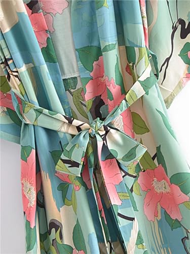 Mnjyihy Women Floral Print Rayon Cotton Sashes Bohemian Kimono Robe V Neck Boho Bikini Cover-Ups3
