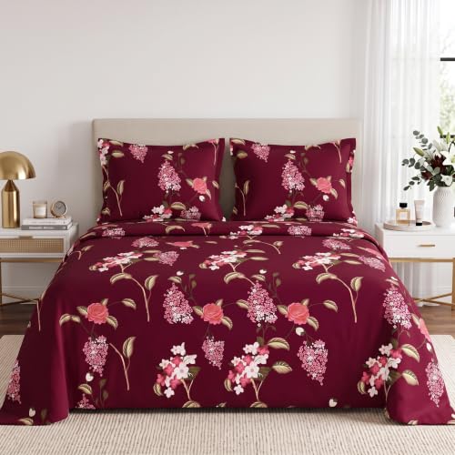 Image of VAS COLLECTIONS 240 TC Cotton Double Bedsheet with 2 Pillow Covers, Ultra Soft & Breathable Bed Sheet Set, Skin Friendly, Fade Resistant, Easy Care Bedding, 90 x 100 Inches - Deep Crimson