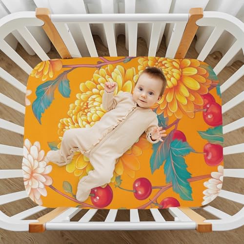 Image of Crib Sheet Breathable Soft Crib Mattress Sheet for Baby Toddler Boys Girls Fitted Crib Sheet Fit Standard Crib Mattress 39 x 27 Inch Orange Cute Chrysanthemum and Cherries