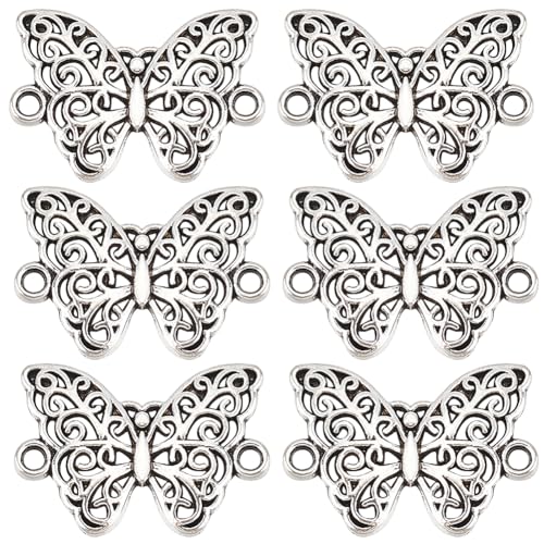 SUNNYCLUE 1 Box 100Pcs Butterfly Connector Charm Metal Animals Charms Silver Hollow Butterflies Link Connectors Tibetan Animal Insect Charms for jewellery Making Charms Necklace Bracelet DIY Craft