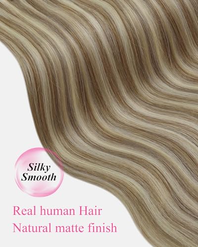 Image of YoungSee Human Hair Tape in Extensions Blonde Highlight, Invisible Tape in Hair Extensions, Light Brown Highlights Platinum Blonde, Softness Silky Hair, 14 Inch 20pcs 50g