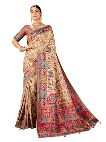 Image of Glory Sarees Women's Luxurious Dola Pure Silk Original Saree Position Print Work Madhubani Inspired Motifs Banarasi Kanjivaram Style Saree With Blouse Piece (Elegant101 Parent)