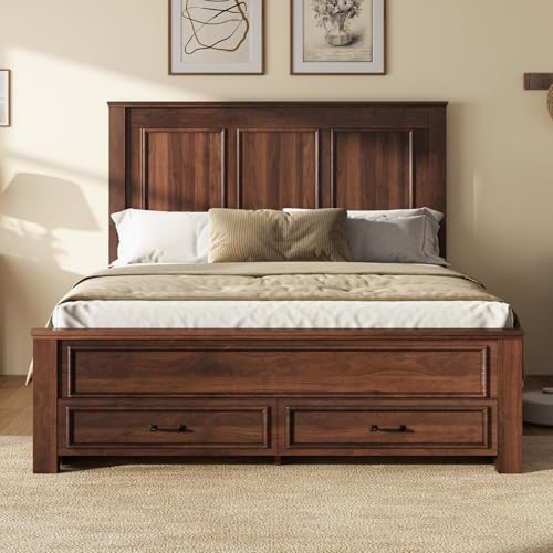 Image of AMERLIFE Farmhouse Full Size Bed Frame with 52.2 inch Tall Headboard & Footboard, Wood Platform Bed Frame with 2 Large Storage Drawers, Noiseless, No Box Spring Needed, Rustic Brown
