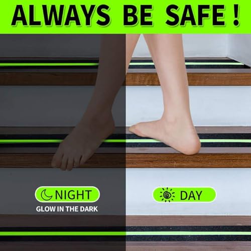 Image of Oudain 20Meter Anti Slip Tape with Glow in Dark Stripe for Stairs Waterproof Non Slip Strips for Stair Treads Black & Green Non-Slip Traction Tapes