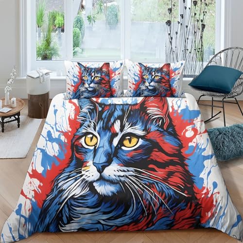 Housse de couette chat aquarelle 200x200 cm avec taies d'oreiller lit double