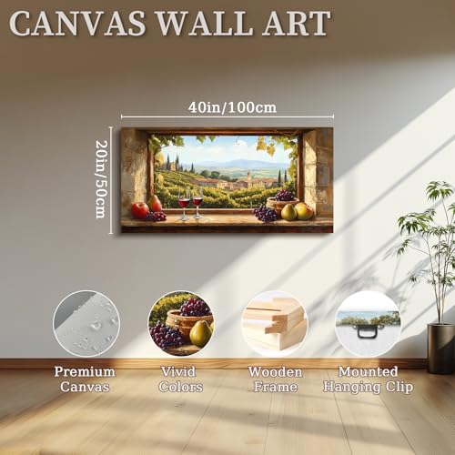 crmotu Vineyard Large Wall Art, Faux Window Canvas Prints of Wine Country, Grape Farms Beyond the Vintage Windowsill, Rustic Dining Room Kitchen Wall Decor, Restaurant Home Bar Decoration 20x40 Inch