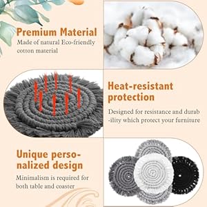 6 Pcs Coasters for Drinks Absorbent Boho Cotton Woven Coaster Farmhouse Tassel Macrame Coaster with Holder Housewarming Gift for Kitchen Office Coffee Table Decor, 4 in (Gray) 6 Pcs Coasters for Drinks Absorbent Boho Cotton Woven Coaster Farmhouse Tassel Macrame Coaster with Holder Housewarming Gift for Kitchen Office Coffee Table Decor 4 in Gray