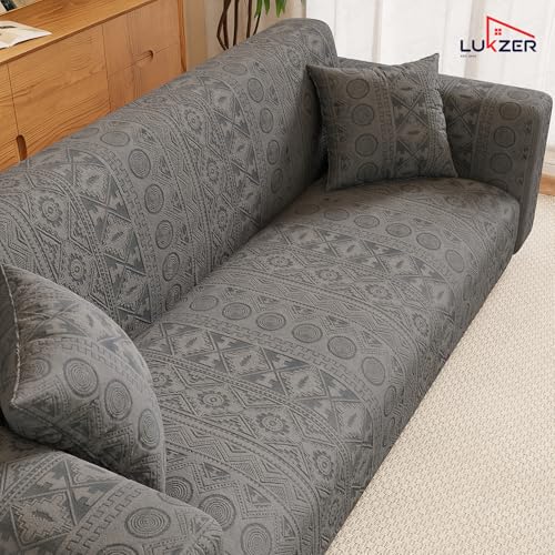 Image of Lukzer 2 Seater Pastel Dark Grey Tribal Pattern Sofa Cover | 240 GSM Universal Stretch Fit Jacquard Fabric Couch Protector | Fully Covered Anti Slip & Washable Sofa Cover (140-180cm /SC-137-02)