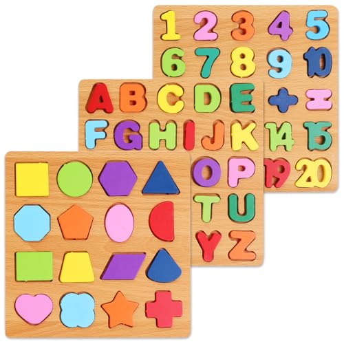 Wooden Puzzles for Kids Ages 3-5, 3 Pack ABC Number and Shape Learning Toys