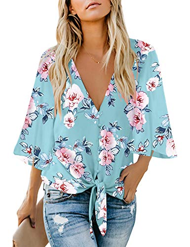 luvamia Women s V Neck Tops Ruffle 3 4 Sleeve Tie Knot Blouses Button Down Shirts, Floral Print Light Blue Button Down Size L