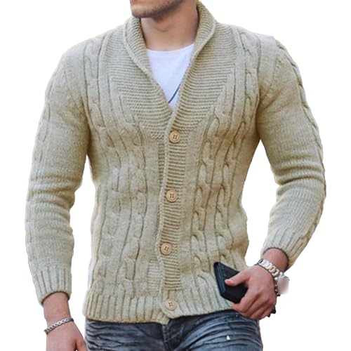 JEShifangjiusu Mens Shawl Collar Cardigan Sweater Casual Cable Knit Breasted Outerwear Winter Chunky Ribbed Topcoat