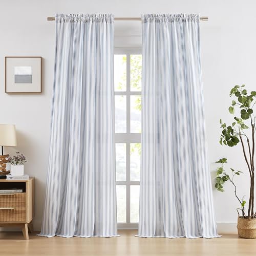 ZJDECOR 84 Inches Long Blue White Striped Window Curtains