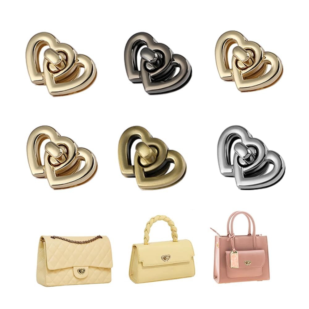 Khazna Purse Clasp Lock, 6 Pieces Metal Twist Lock, Purse Hardware for Bag Making Crochet Handbag, Turn Lock Purse Closure Latches, Metal Handbag Clip Buckles, Heart Shape