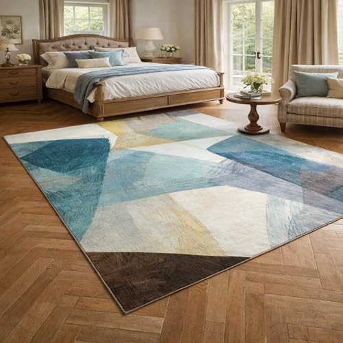 Taidianolp Alfombra rectangular, diseño geométrico abstracto, azul, gris, amarillo, marrón y blanco, 200 x 290 cm, lavable, alfombra de pelo corto, alfombra grande para salón, comedor, dormitorio
