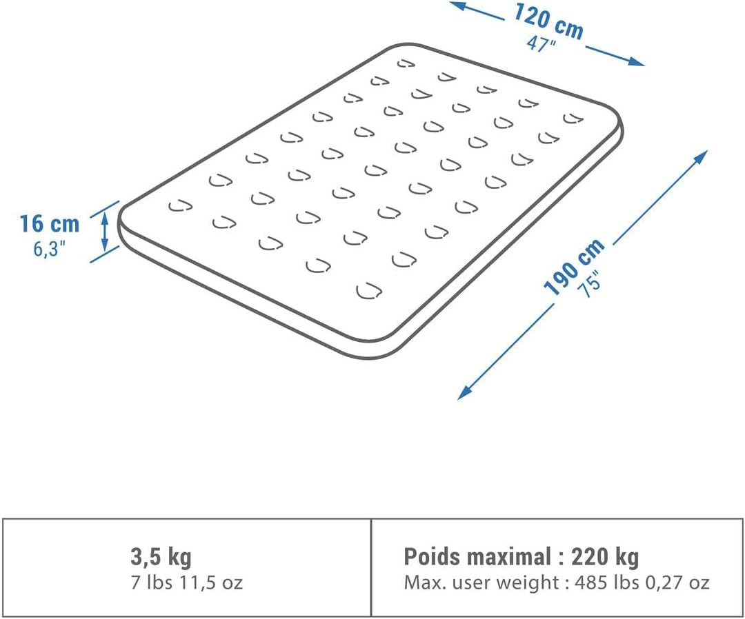 Diagram showing dimensions, weight, and maximum user weight for the mattress