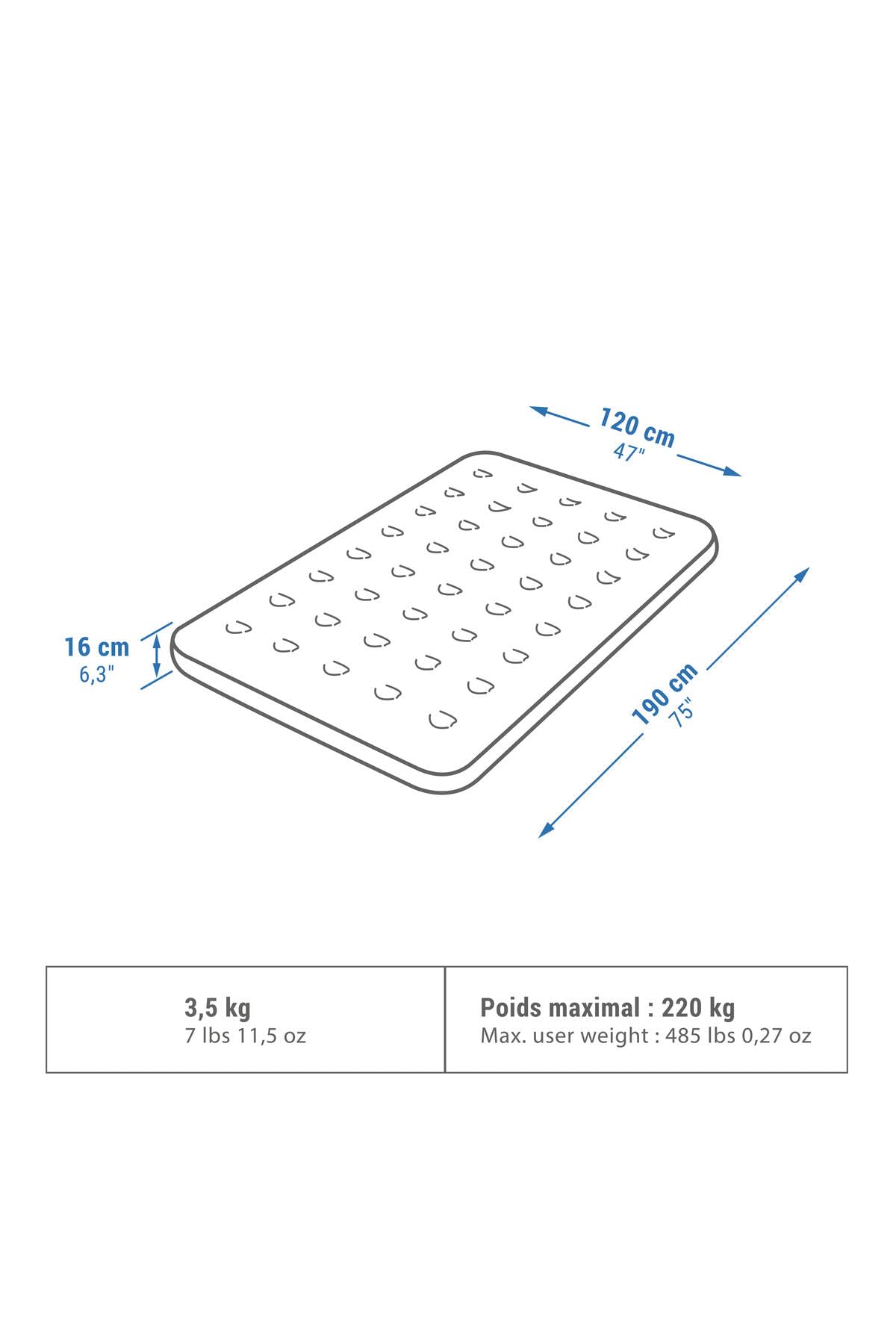 Decathlon QUECHUA 8561149 - Materasso gonfiabile da campeggio, 190 cm x 120 cm x 16 cm