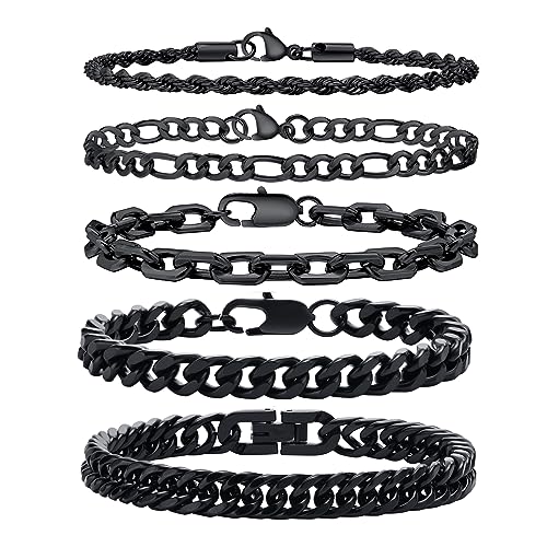 VNOX Black Chain Bracelet for Men - 5 Pcs Solid Stainless Steel Rope/Figaro/Paperclip/Cuban Link...