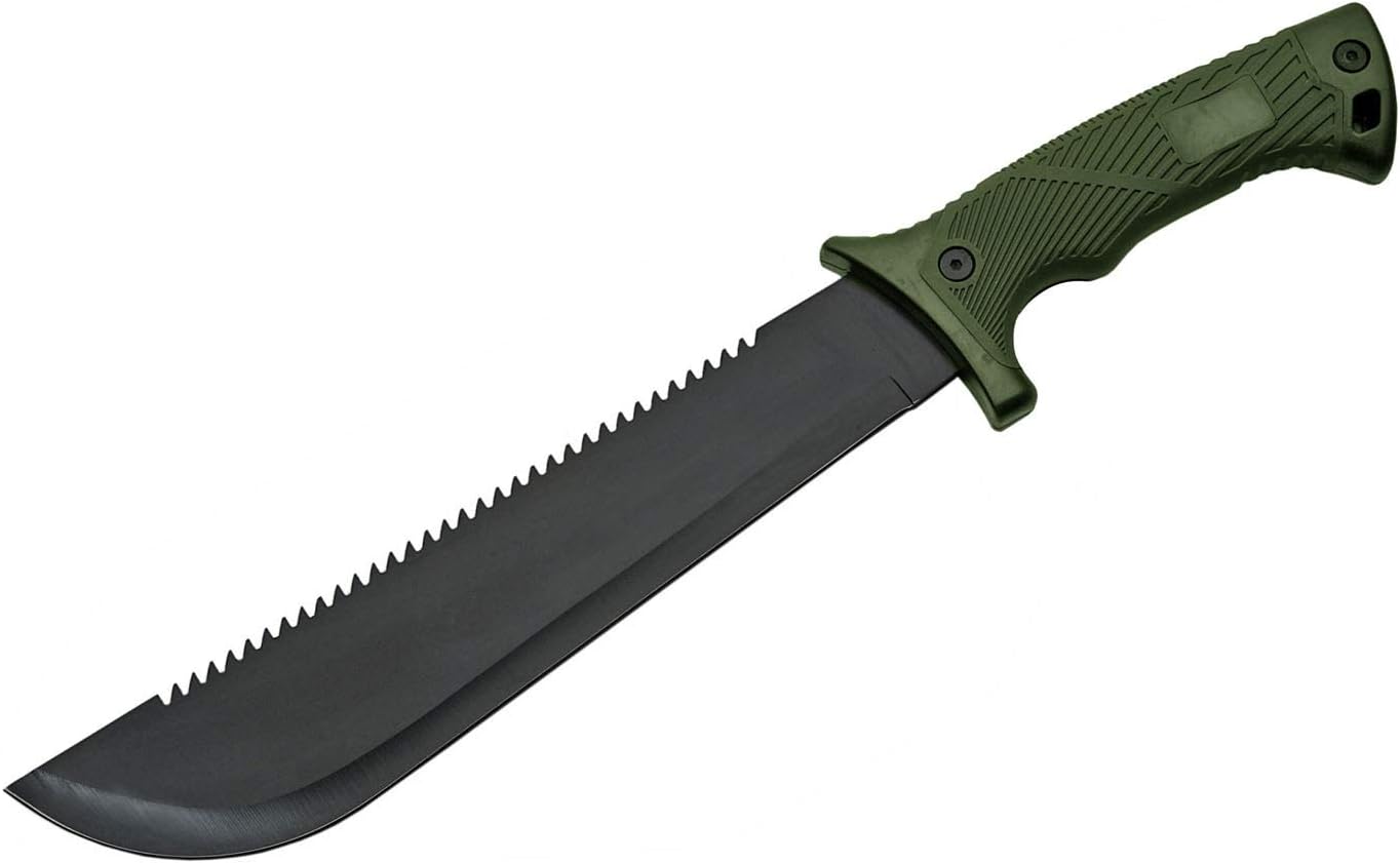 SZCO Supplies 16" Machete with Saw Back Blade – Tactical Hunting Knife with Rubberized Handle, Stainless Steel Blade, and Nylon Sheath – Military Style Camping and Outdoor Tool