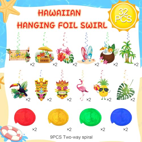 Image of 32pcs Aloha Party Decorations Hawaiian Luau Hanging Swirls Tropical Summer Tiki Party Decorations Flower Palm Flamingo Sign Foil Ceiling Hawaiian Decor Ect Beach Hawaiian Party Supplies