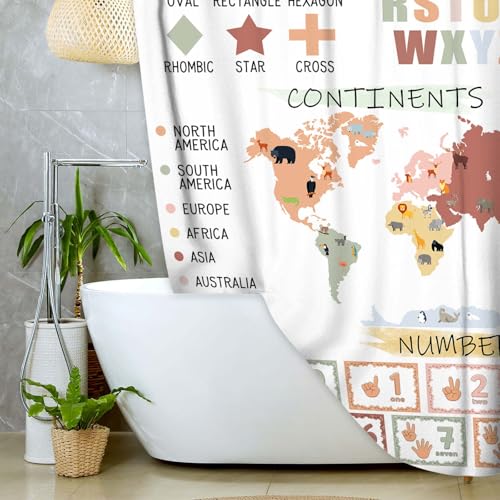 Image of Kids Educational Shower Curtain， Pastel ABC Alphabet Continents Map Numbers Shapes Weather Learning Tools Boy Girl Nursery Fabric Waterproof Polyester with 12 Pack Hooks Plastic