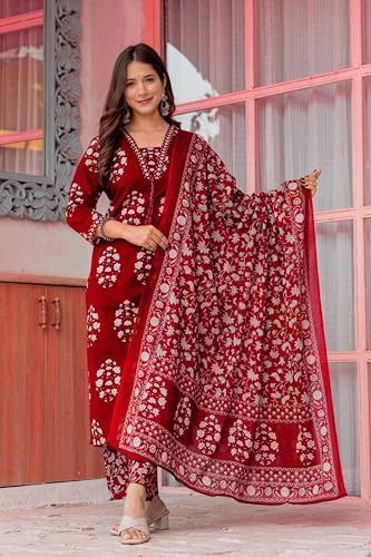 Image of PARTHVI Women's Pure Cotton Printed Straight Kurta Set with Palazzo Pants & Dupatta- Ethnic Wear, Green