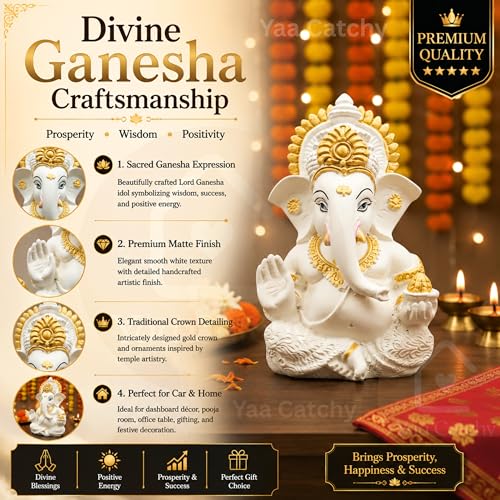 Image of White & Gold Ganesha Idol Car Dashboard Idol Ganesha Murti Ganpati Idol for Home Decor Pooja Lord Ganesh Statue Gift for Office Desk Pooja Room (Ganesha Resin White & Gold)