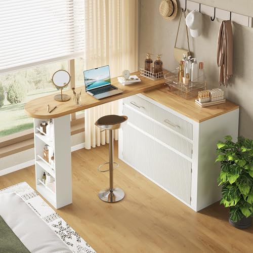 LAKFEW Mesa de Bar Extensible con 2 Ruedas y Almacenaje, Mesa Alta Cocina Barra Cocina con Cajón y 2 Puertas, Mueble Bar Auxiliar con Dispositivo Antivuelco, 137(215) x39x102.3 cm, Blanco