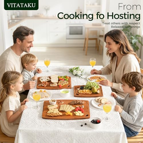 VITATAKU Bamboo Cutting Boards for Kitchen, 15.4" Deep Carbonized Wood Cutting Board with Storage Stand, 3 Piece Extra Thick Cutting Board Set with Deep Juice Grooves, Gift for Charcuterie Boards by VITATAKU - Used condition - Image 8