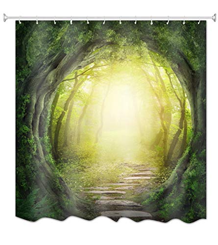 A.Monamour Enchanted Green Forest Ronda Abertura Agujero Hada Imprima Moho Impermeable Tela Resistente Cortina De Ducha De Poliéster para Niños Decoraciones De Baño 180X200 CM / 72 "X78