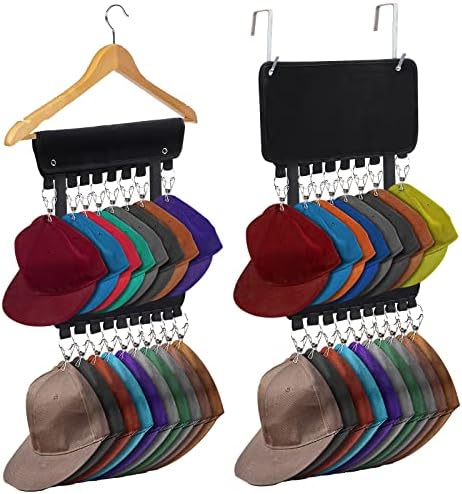 SALMOPH Hat Organizer Holder for Wall & Door, Hat Storage for Closet, Hat Rack with 16 Holder Clips, Metal Hooks, 2 in 1 Hat Organizer/Hangers for Baseball Caps, Ties, Fit All Hangers(Double Layer)