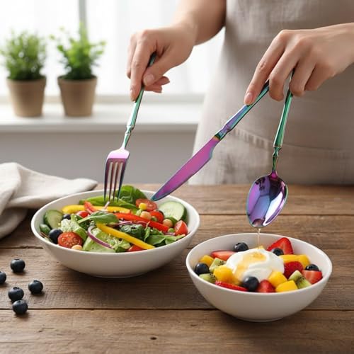 Image of 30 Pcs Rainbow Cutlery Set for Dining Table the Perfect Lightweight Silim Handle Tableware Including Dinner Spoon, Dinner Fork, Dinner Knife, Dessert Spoon & Dessert Fork
