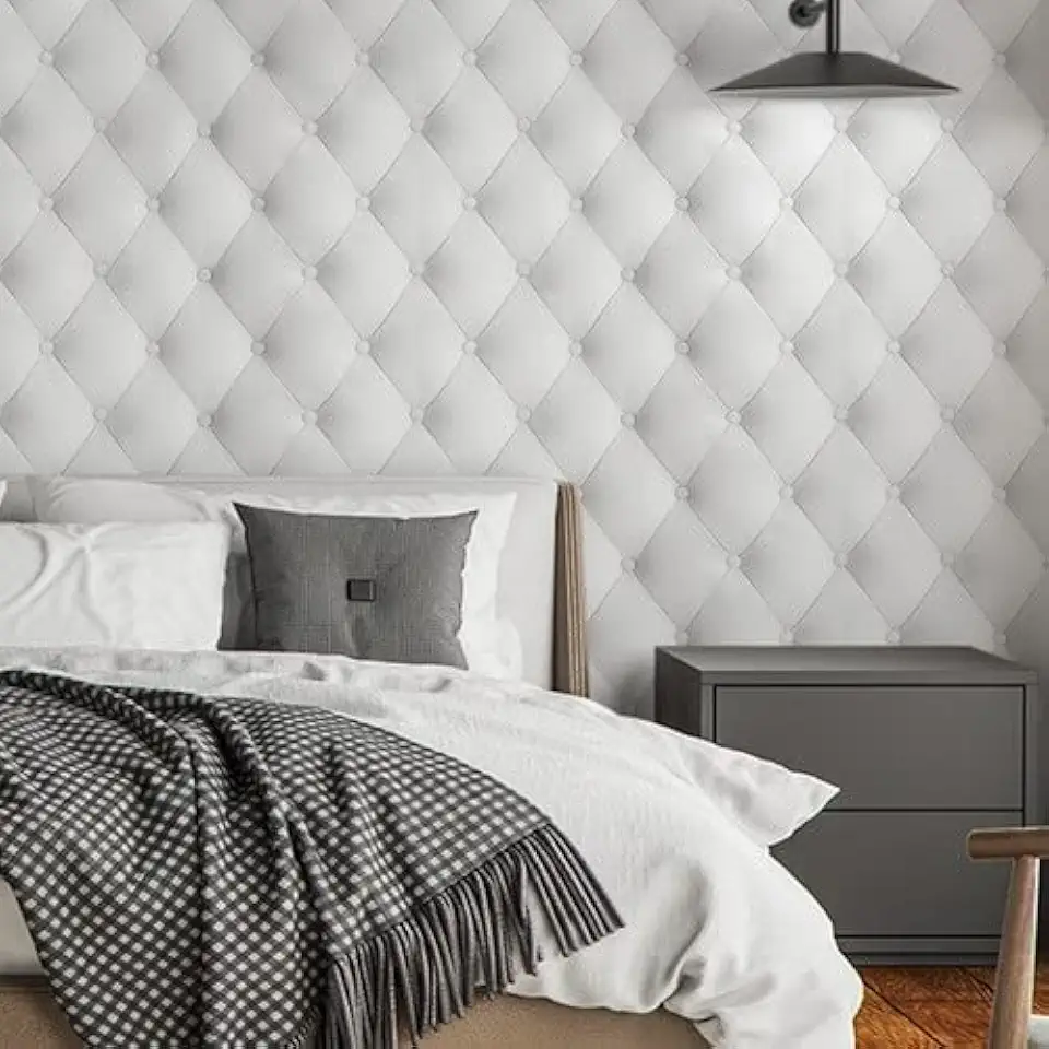 Papel De Parede Adesivo 3d Couro Capitonê Branco Rolo 1m