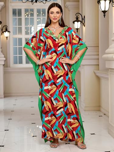 Image of KECVOT Kaftan Dresses for Women V-Neck Print Swimsuit Cover Up Plus Size Beach Caftan Lounge Dress