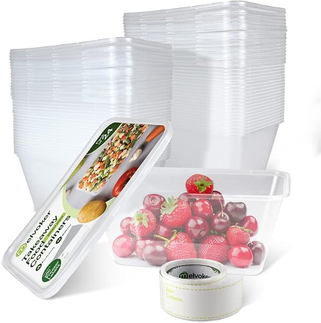Melvoker 24 Pack Food Container 750 ML - Plastic Takeaway Containers with lids- food prep containers with lids - freezer containers - Plastic Tubs Food Boxes - 50 Freezer Labels