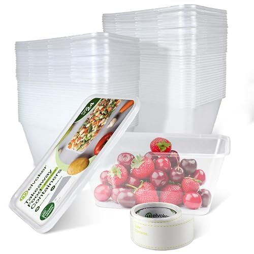 Melvoker 24 Pack Food Container 500 ML - Plastic Takeaway Containers with lids- food prep containers with lids - freezer containers - Plastic Tubs Food Boxes - 50 Freezer Labels