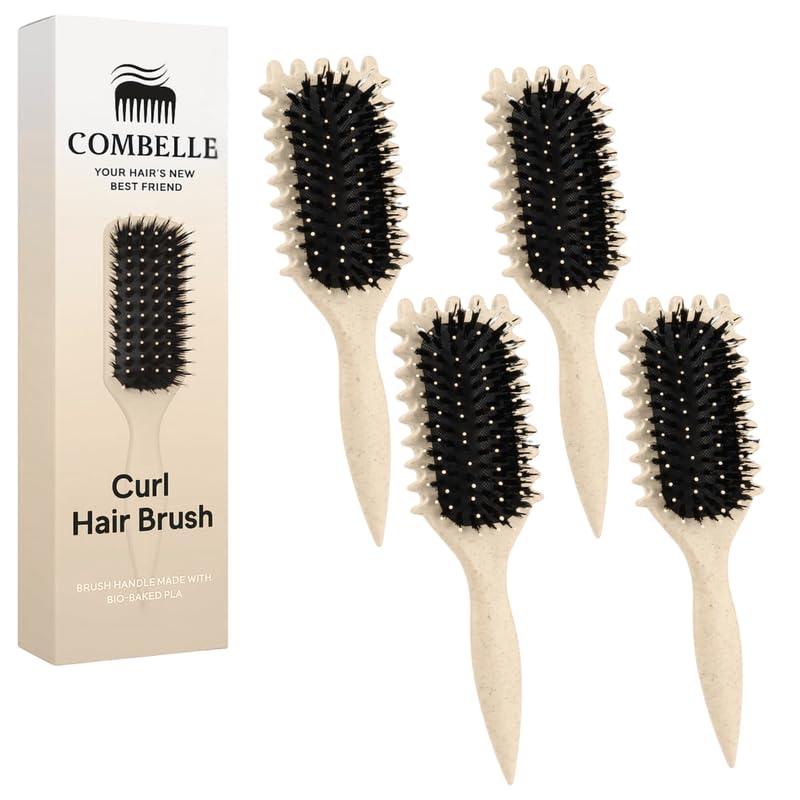 Image of Combelle 5-in-1 Curl Hair Brush | Vegan Boar Bristles | Bio-Based PLA Handle | Detangling, Defining & Frizz Control for Curly & Wavy Hair | For Men & Women - Beige (Pack of 4)