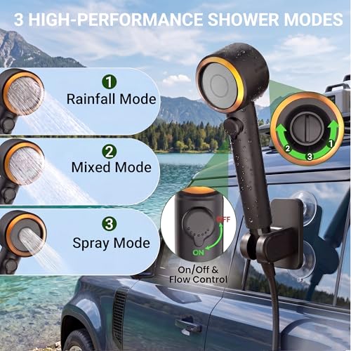 Ducha portátil para camping, 8000mAh batería recargable de larga duración con pantalla LED, 5 modos de rociado, alta presión de agua, bomba impermeable IPX8 para senderismo, viaje, auto, lavado de mascotas miniatura 4
