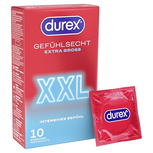 Durex Gefühlsecht XXL Kondome – Perfekter Sitz & leichtes Abrollen – Dünn, große Passform, befeuchtet, transparent – 10er Pack (1 x 10 Stück)