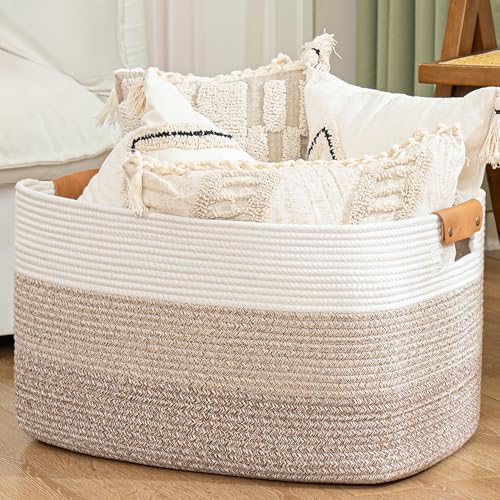 danpinera Blanket Basket, 72L Woven Storage basket with Leather Handle, Eco-friendly Decorative Storage Organization in Bathroom & Living Room for...