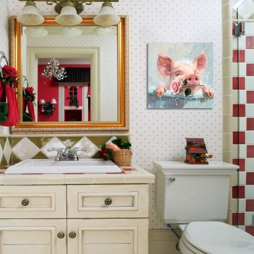 Enartly Bathroom Wall Art Cute Pig Rose Painting Funny Animal Picture Canvas Prints thumb #4