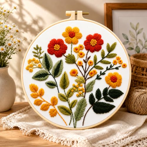 Image of Zhenqing Floral Embroidery Kit for Beginners, Wildflower Botanical Needlework Kit with Pre-Printed Cotton Fabric, Hoop, Threads & Tools, Flower Wall Decor (C0126)